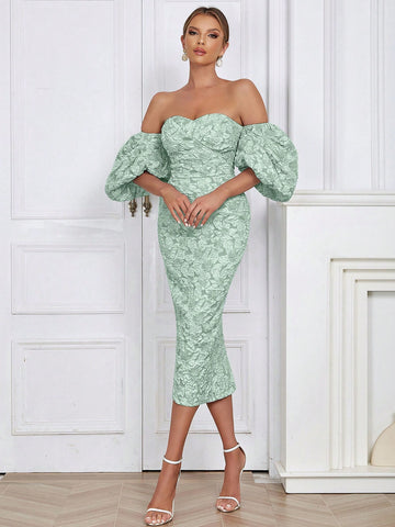 Off Shoulder Puff Sleeve Split Back Floral Jacquard Dress