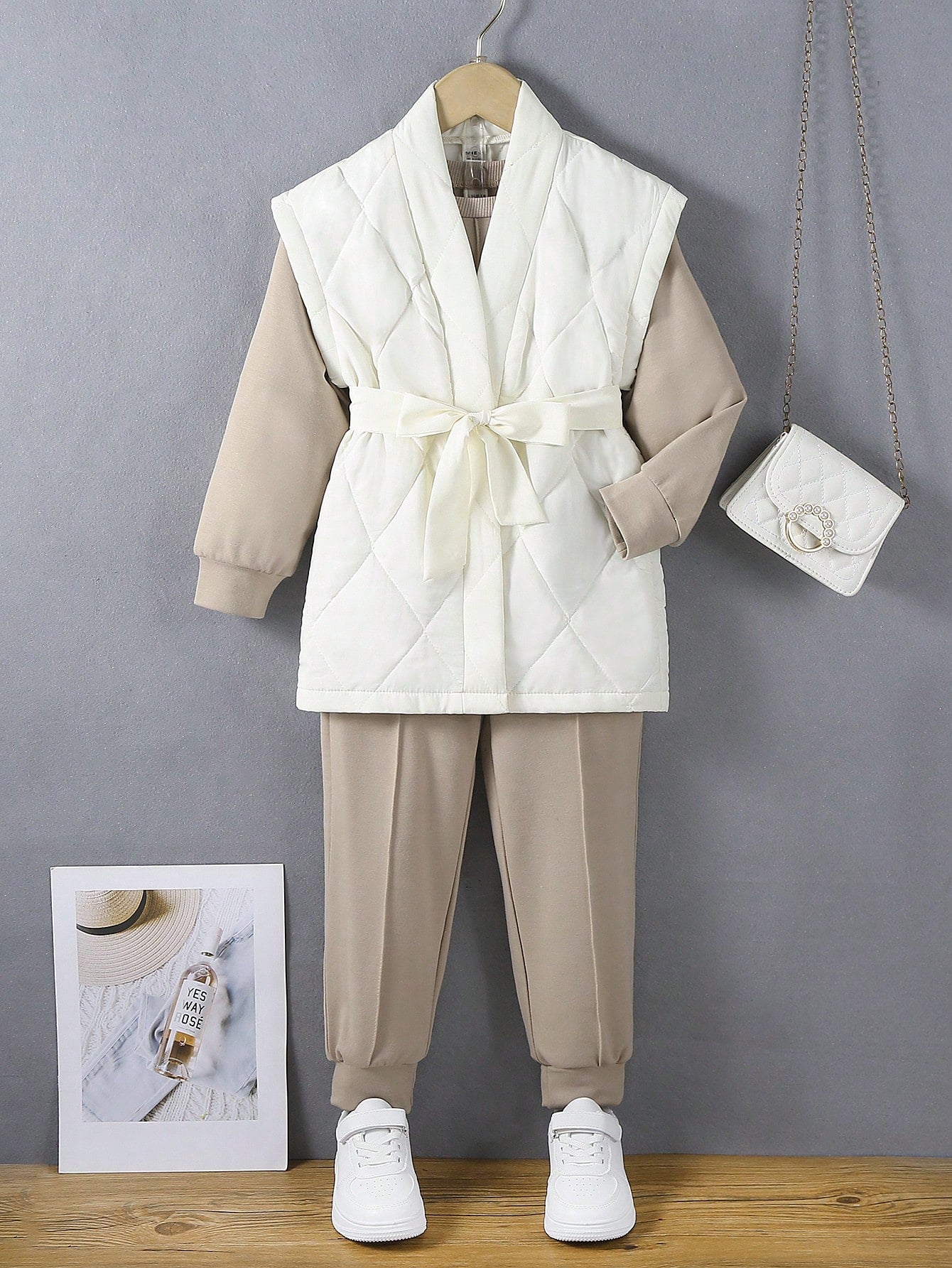 Young Girl Solid Vest Coat & Sweatshirt & Pants