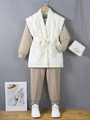 Young Girl Solid Vest Coat & Sweatshirt & Pants