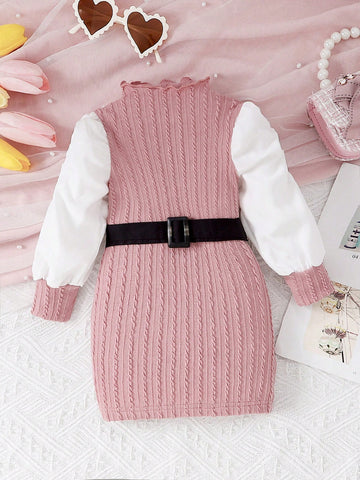 Baby Girl Colorblock Lettuce Trim Mock Neck Dress