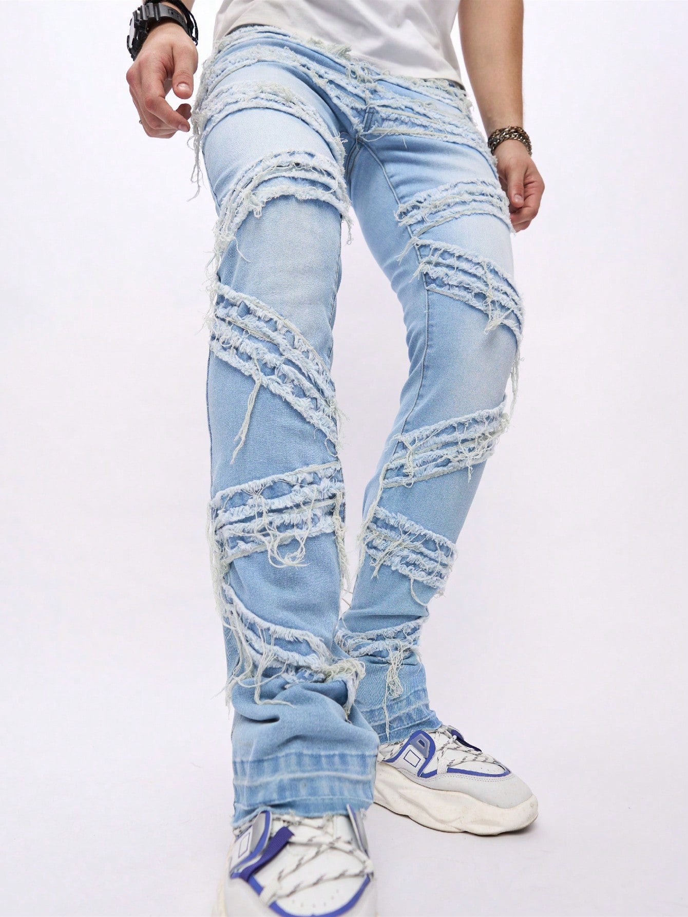 Men Raw Trim Light Wash Jeans