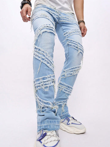 Men Raw Trim Light Wash Jeans