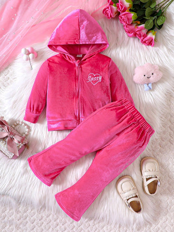 Baby Girl Letter Embroidery Hooded Velvet Jacket & Flare Leg Pants