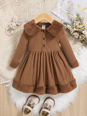 Baby Girl Vintage Knitted Patchwork Plush Collared Waist-Tightening Dress, Medium Thickness