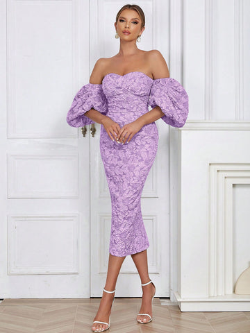 Off Shoulder Puff Sleeve Split Back Floral Jacquard Dress