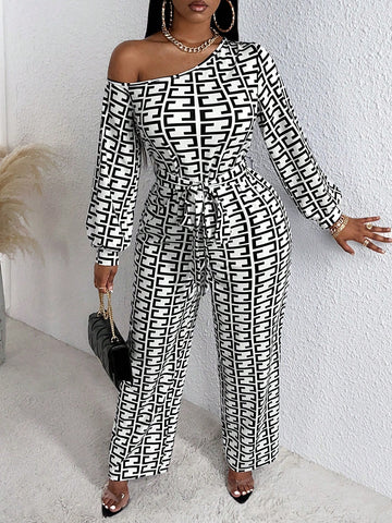 Plus Allover Print Asymmetrical Neck Belted Jumpsuit