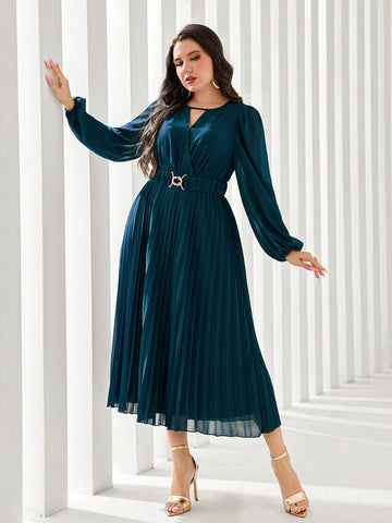 Plus Keyhole Neckline Lantern Sleeve Belted Dress