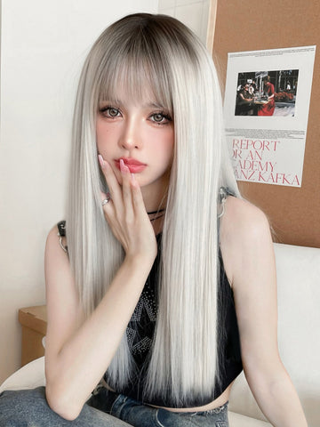 7JHHWIGS Ombre Grey Wig With Bangs Long Straight Light Grey Synthetic Hair Wig For Women Daily Cosplay Party Use And Sweet Girls Wig 24 Inches