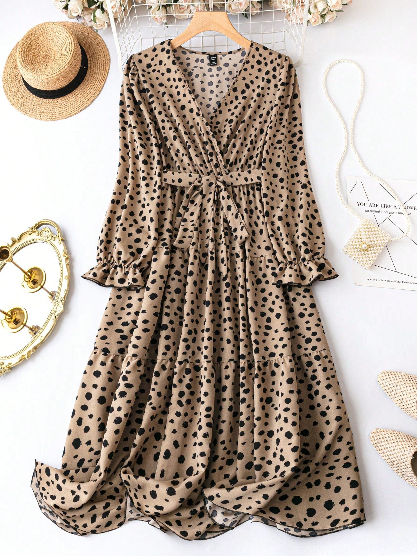 Plus Dalmatian Print Flare Sleeve Ruffle Hem Belted Dress