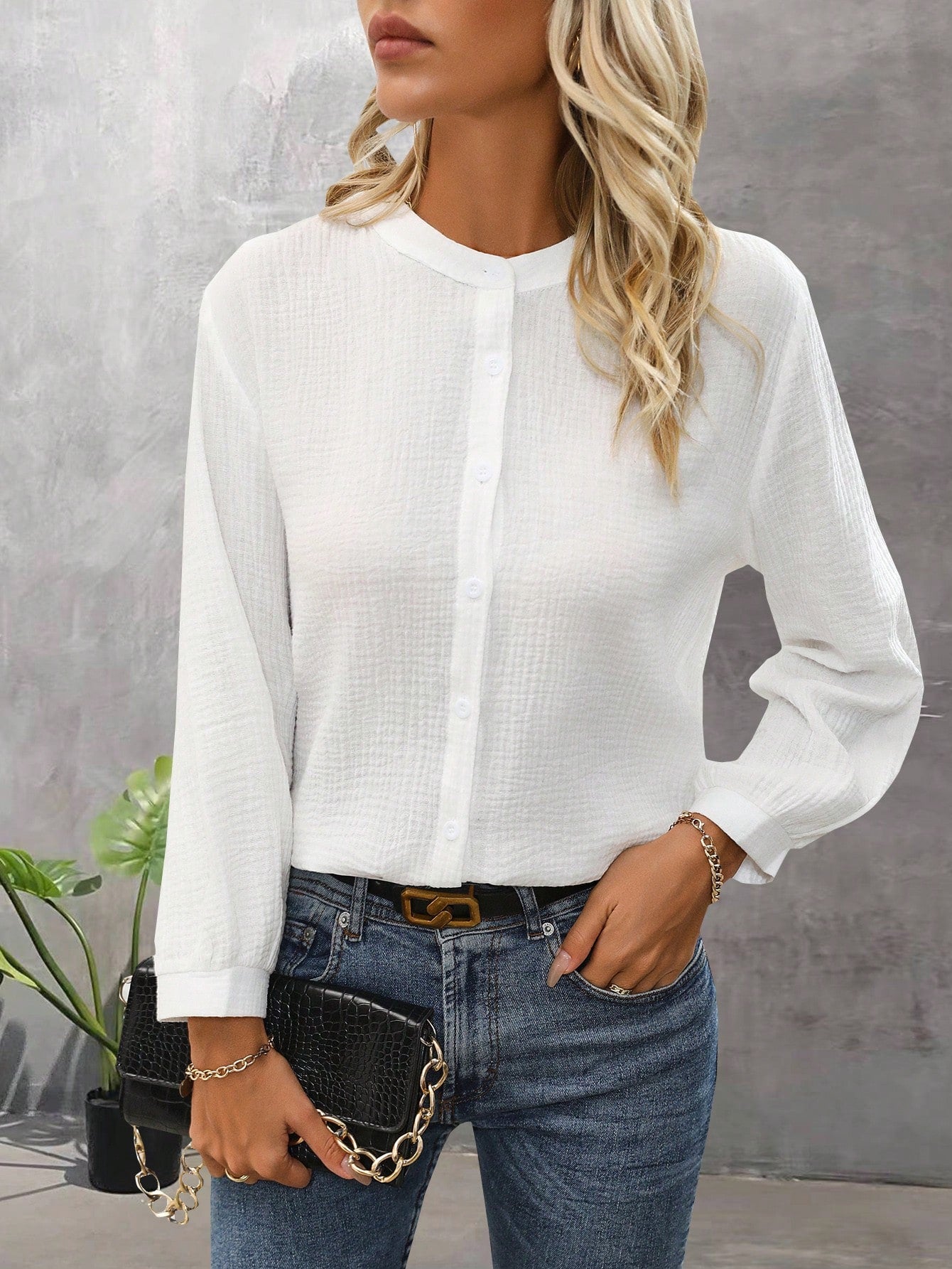 Solid Button Front Blouse