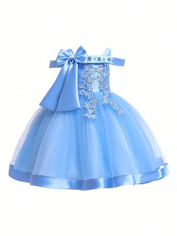 Young Girl Solid Color Tulle Spliced Satin Bowknot Decorated Sleeveless Fluffy Dress, Suitable For Birthday Party And Other Formal Occasions