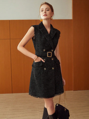 BELTED SLEEVELESS TWEED BLAZER DRESS