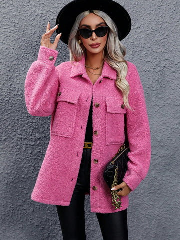 Flap Pocket Drop Shoulder Teddy Coat