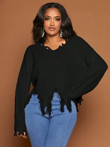 Drop Shoulder Distressed Asymmetrical Hem Sweater