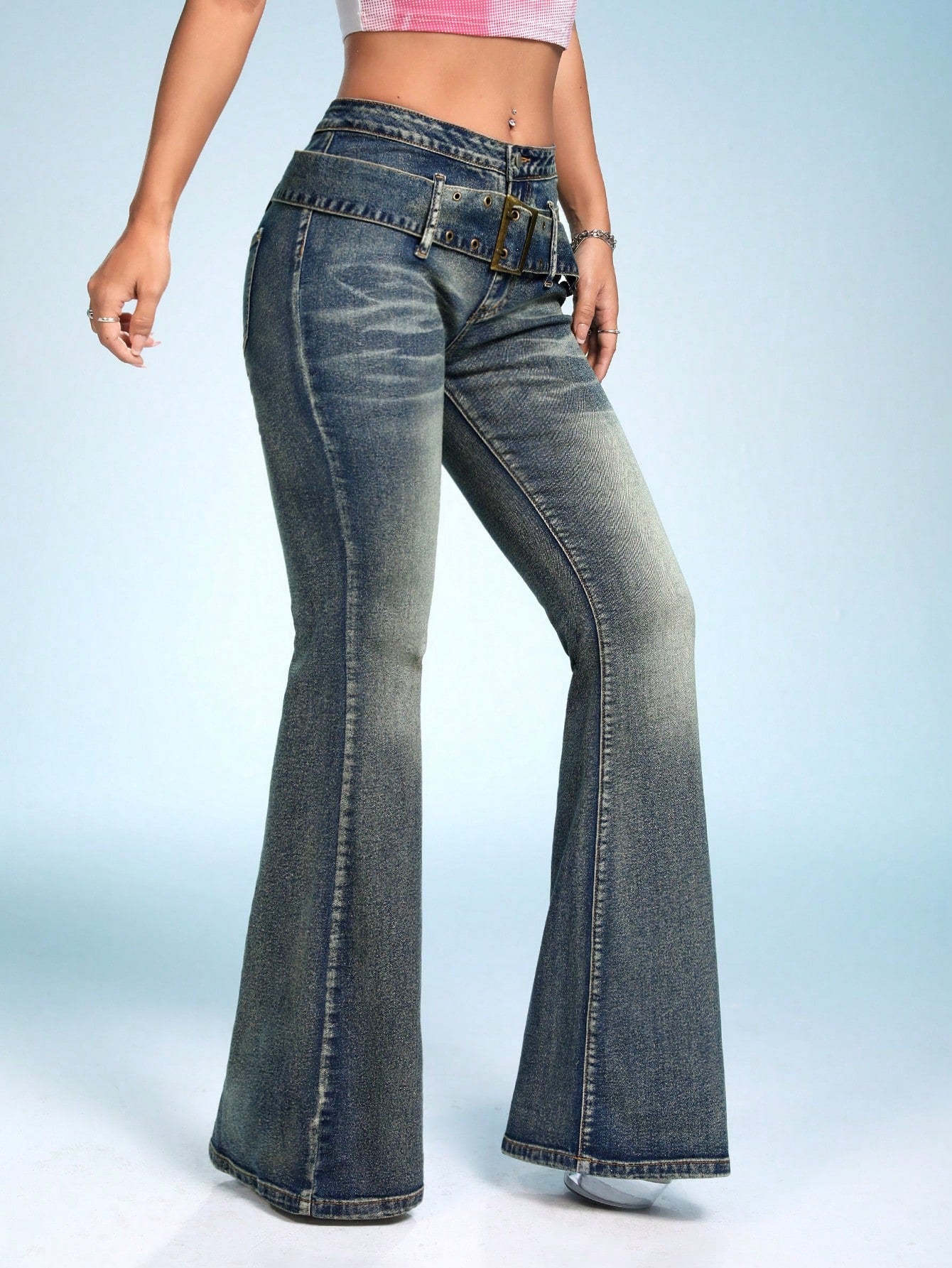 Belted Flare Leg Jeans