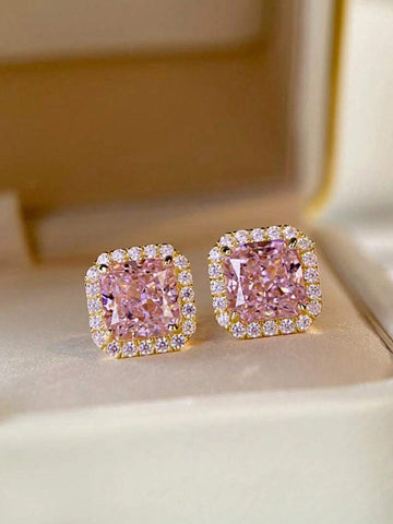 1 Pair Elegant Pink Cubic Zirconia Stud Earrings For Women For Wedding Engagement Anniversary Party Jewelry Valentine's Day Gift