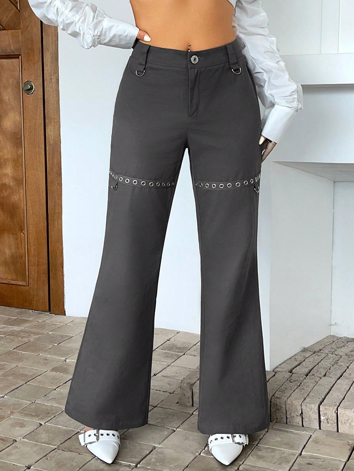 Low Waist Grommet Detail Flare Leg Pants