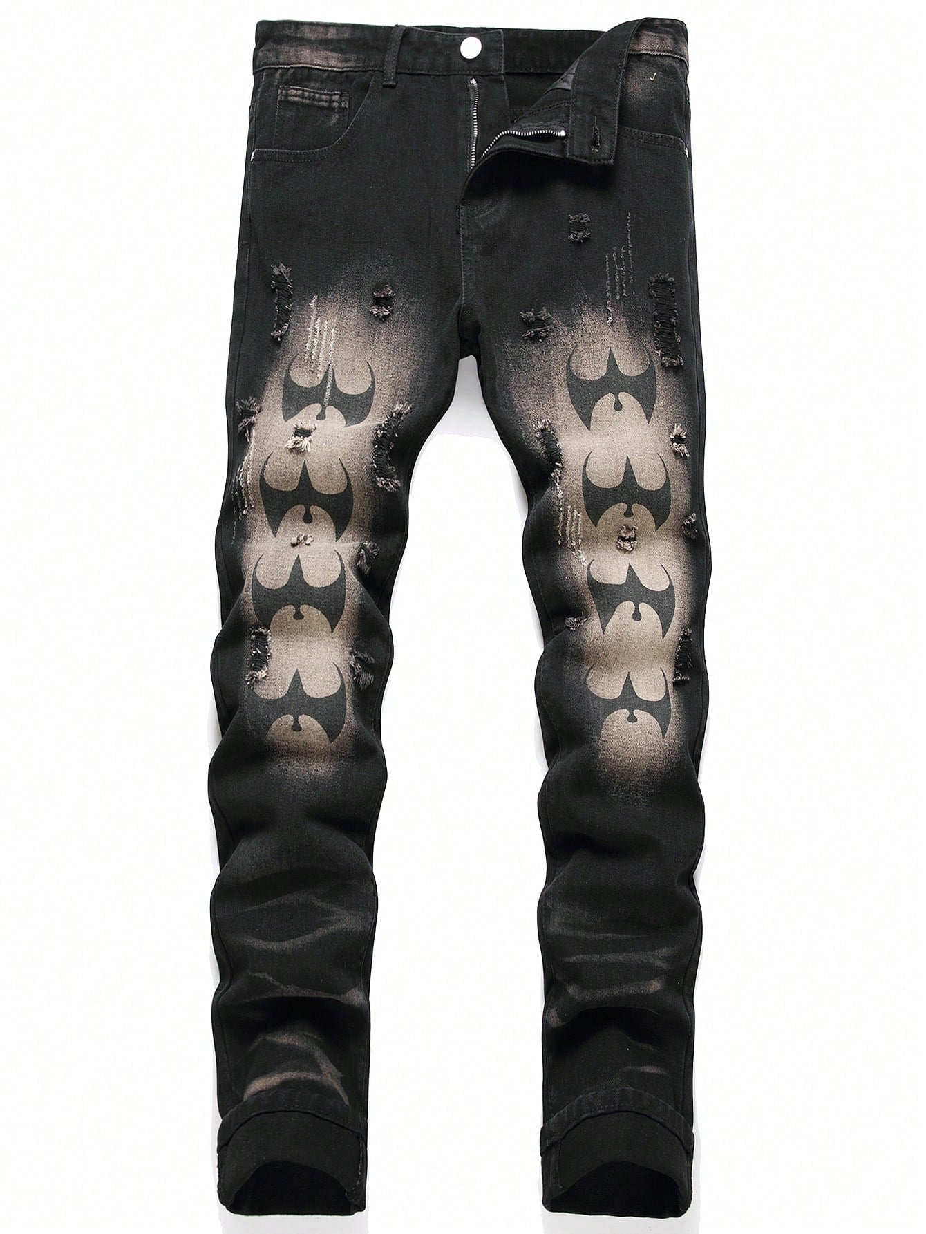 Men Bat Pattern Ripped Frayed Bleach Wash Jeans