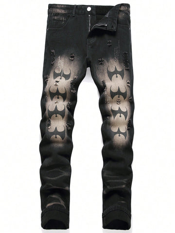 Men Bat Pattern Ripped Frayed Bleach Wash Jeans