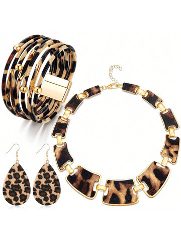 Xiacheng 4pcs Earrings Necklace Plus Bracelet Vintage Jewelry Set Leopard Print Design 14k Gold Plated Stunning Party Accessories