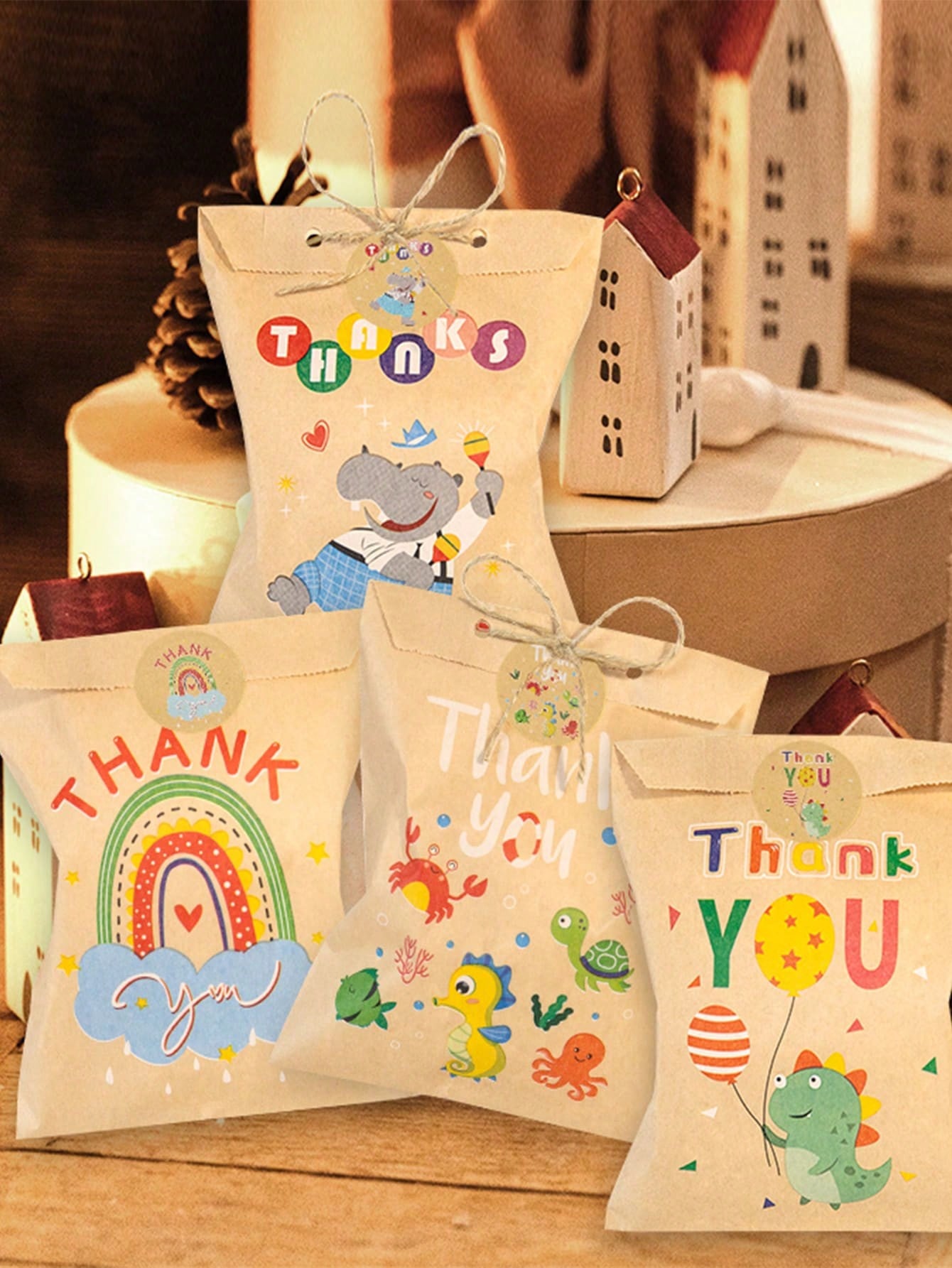 24 Pcs Thank You Kraft Paper Bags, Cute Rainbow Dinosaur Happy Birthday Gift Bags, Retro Flower Party Favor Bags, Candy Cookie Packaging Supplies, Shopping Bags, Party Bags, Wedding Birthday Party Gift Bags, Art Craft Carrier Bags, Party Favors, Birthday