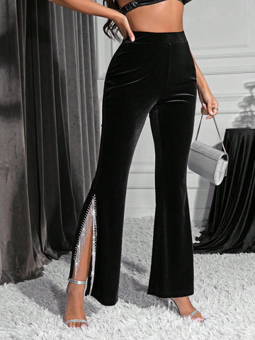 Rhinestone Fringe Trim Split Thigh Velvet Flare Leg Pants