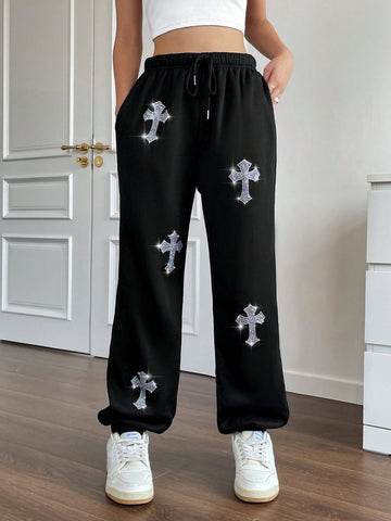 Halloween Cross Print Drawstring Waist Sweatpants