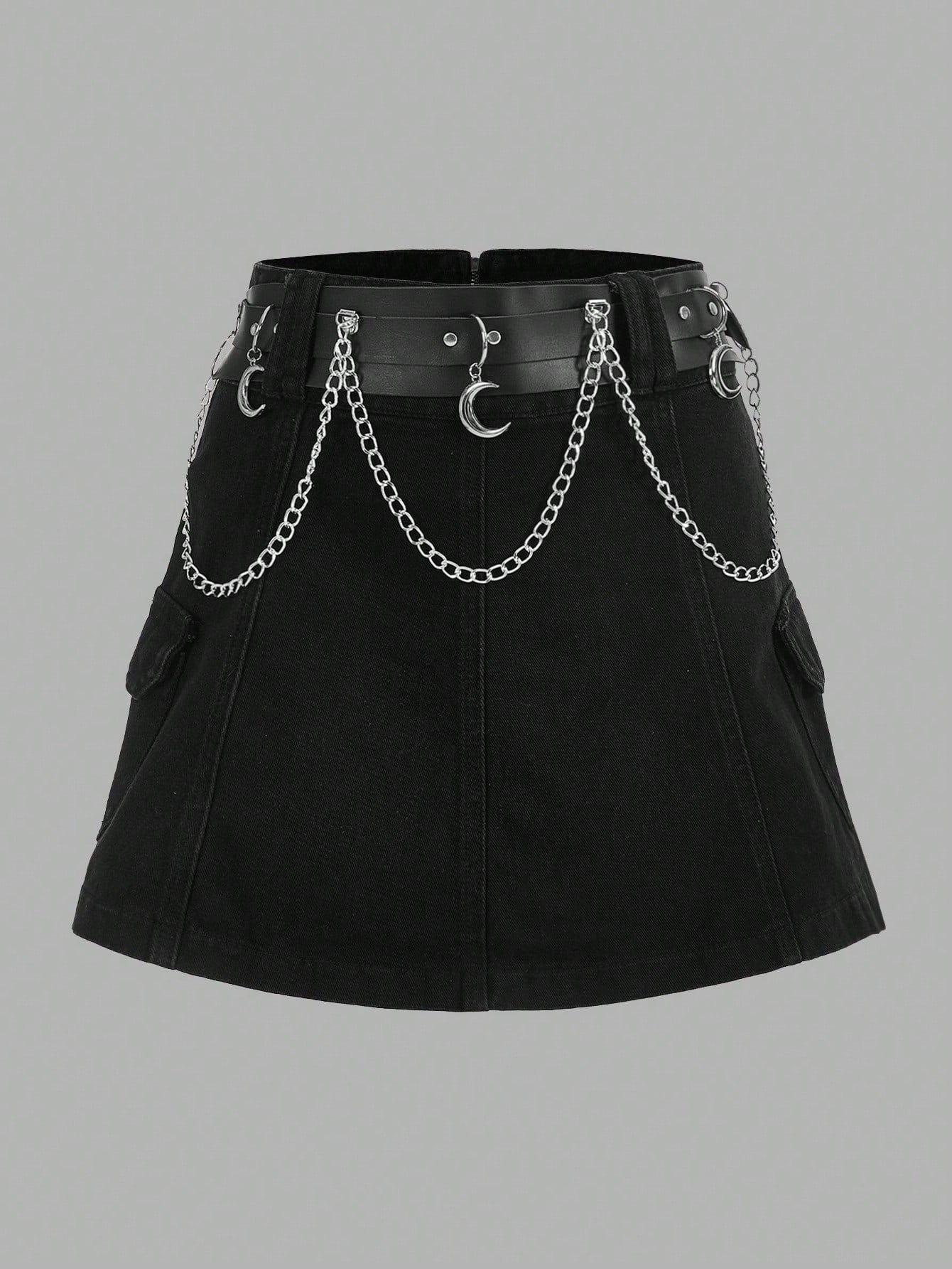 Women's Fashionable Denim Skirt With Black Chain Decorated Waist Belt