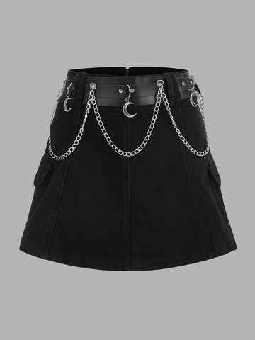 Women's Fashionable Denim Skirt With Black Chain Decorated Waist Belt