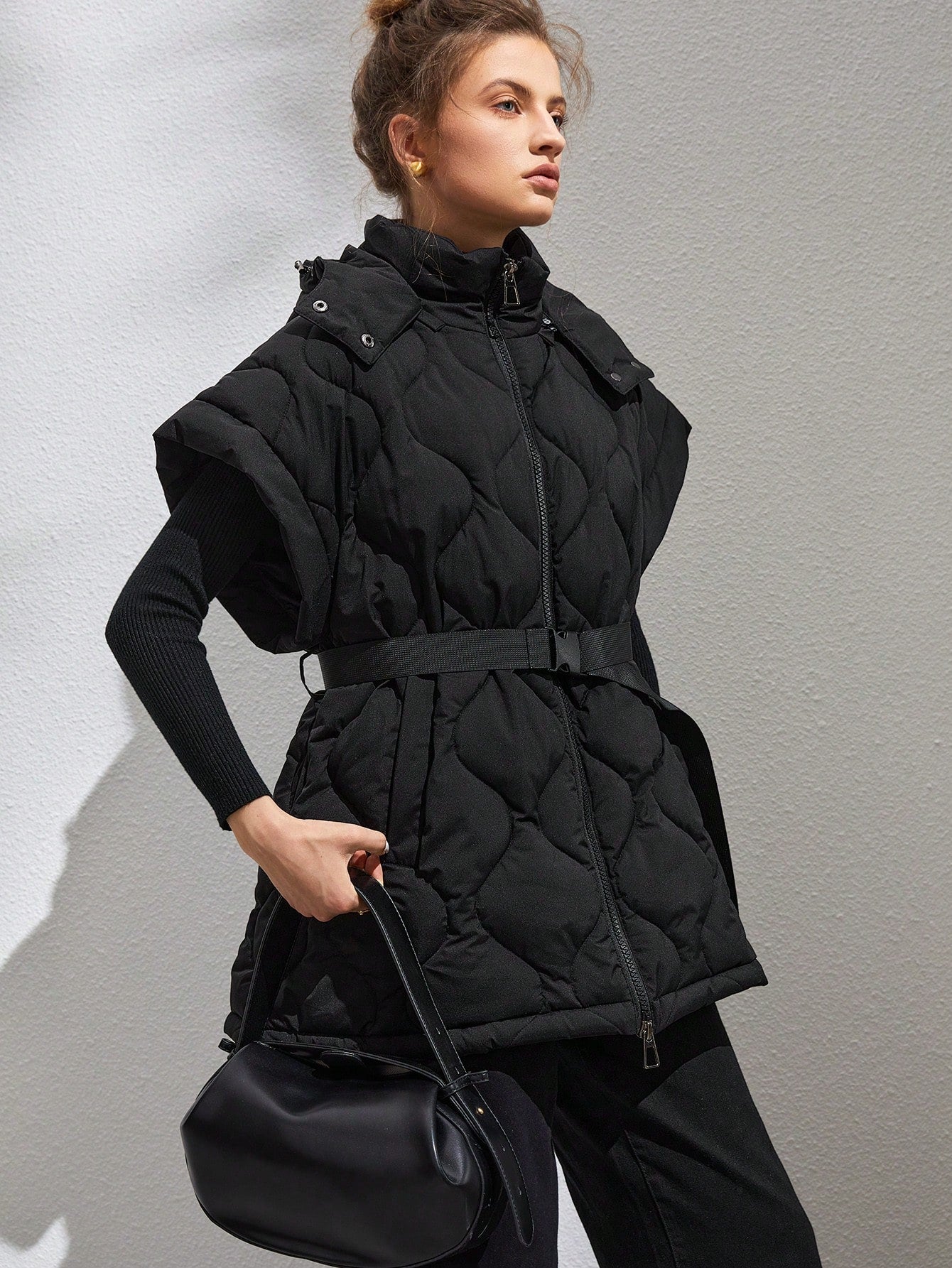 Zip Up Belted Vest Puffer Coat