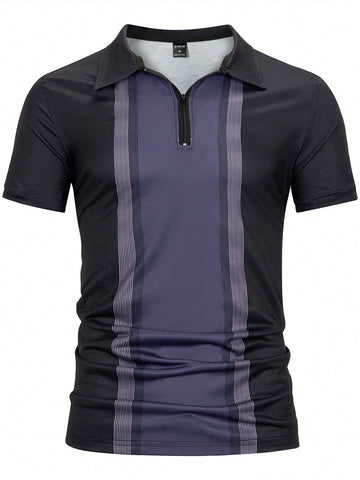 Men Color Block Quarter Zip Polo Shirt