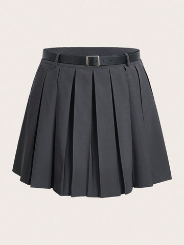 Plus Solid Pleated Belted Skirt