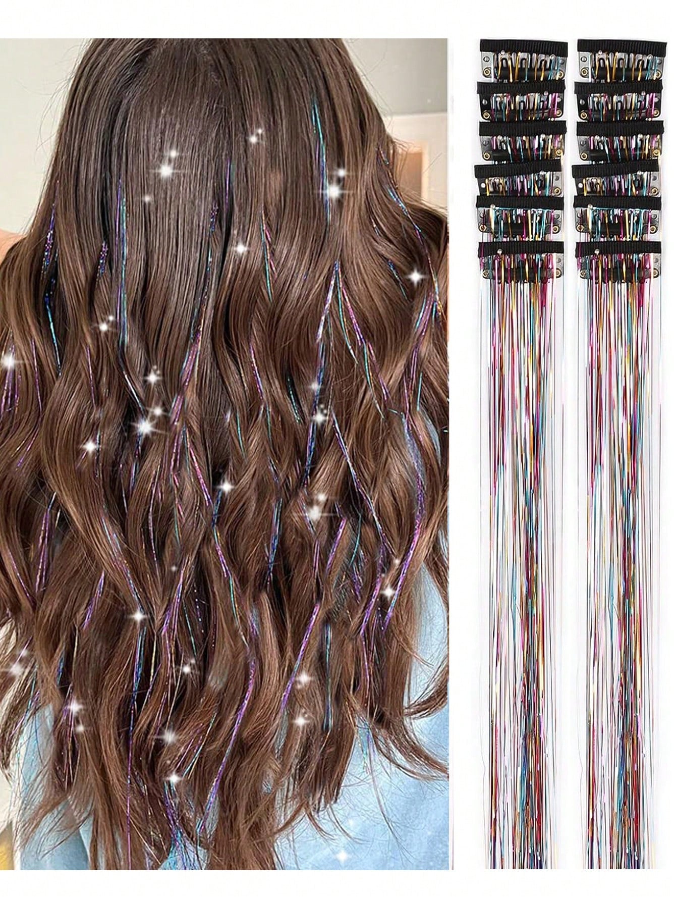 Fashion Party Christmas New Year Gift for Women Hair Tinsel Pack of 12 Pcs, Clip in Hair Tinsel 20 Inch Colorful Glitter Tinsel Hair Extensions , Festival Gift Tinsel Fairy Hair Extension Party Dazzle Hair Accessories (20 Inch 12Pcs,Colorful )