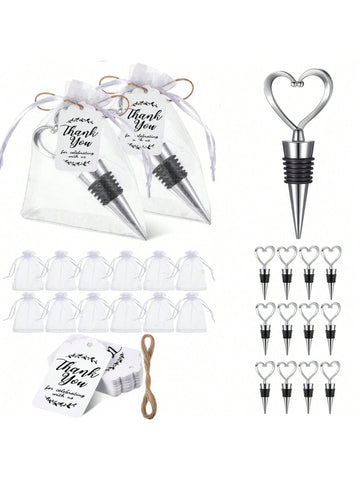 Bridal Shower Wedding Birthday Party Favors For Guest 1Set/12 Set , Include 1pc/12Pcs Heart Shape Wine Stoppers With 1pc/12Pcs Organza Bags And 1pc/12Pcs Thank You Tags, Wedding Gift Valentine's Day Decorations