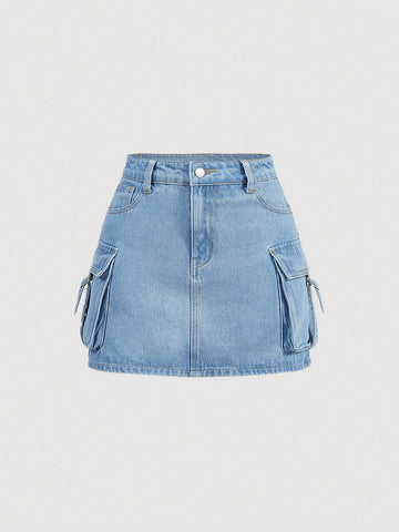 Women'S Denim Skirt With Side Pockets & Cargo Style