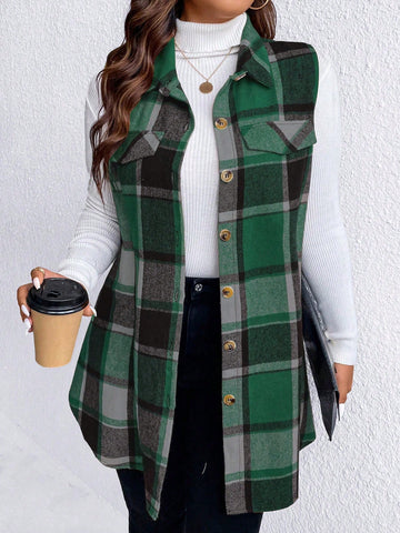 Plus Plaid Print Flap Detail Vest Coat