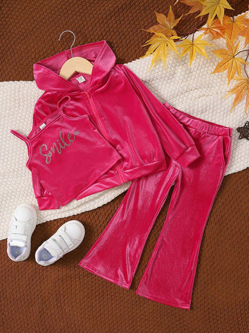 Young Girl Hooded Jacket & Flare Leg Pants & Letter Graphic Cami Top