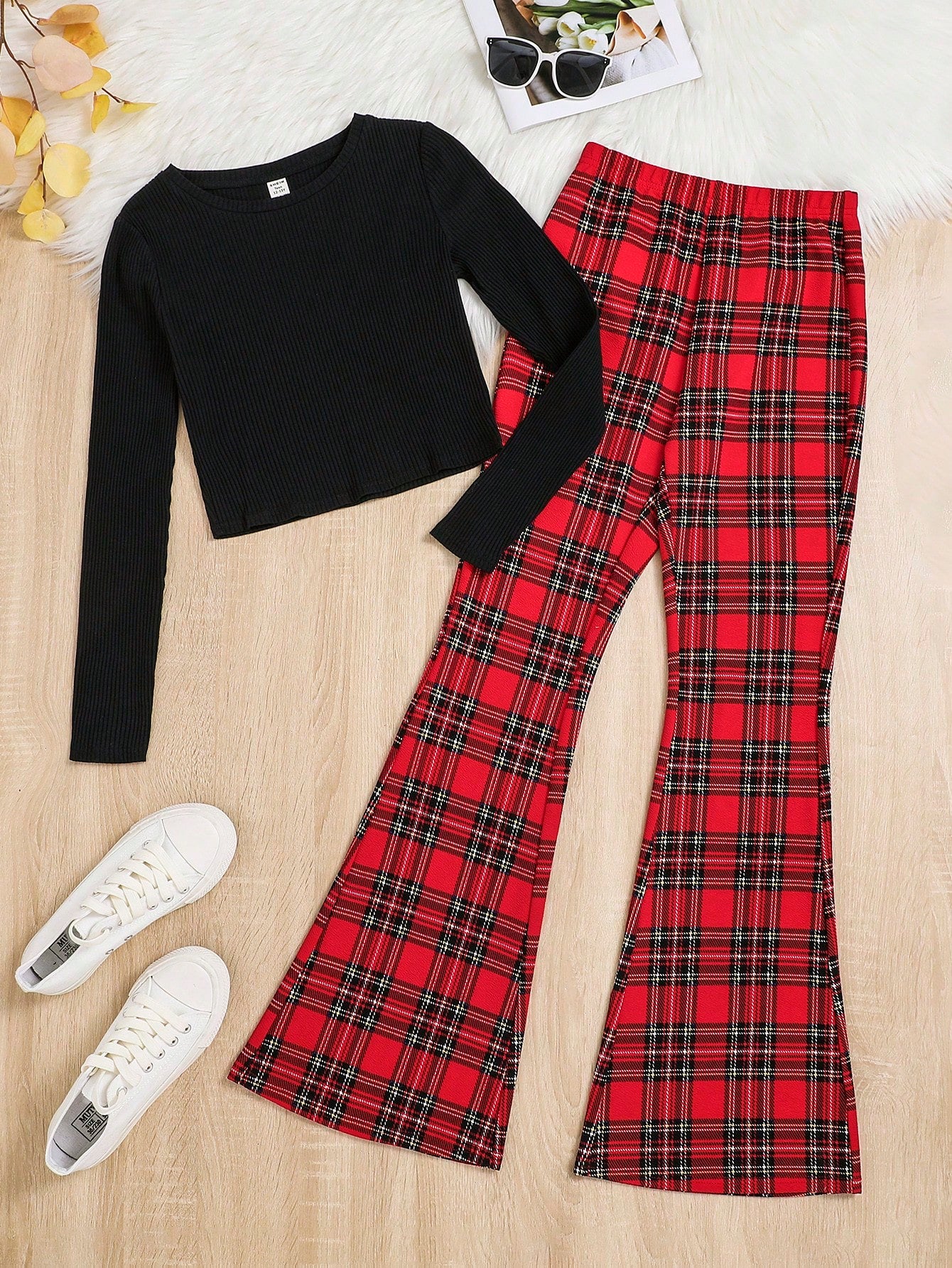 Teen Girl Solid Tee & Tartan Print Flare Leg Pants for Christmas