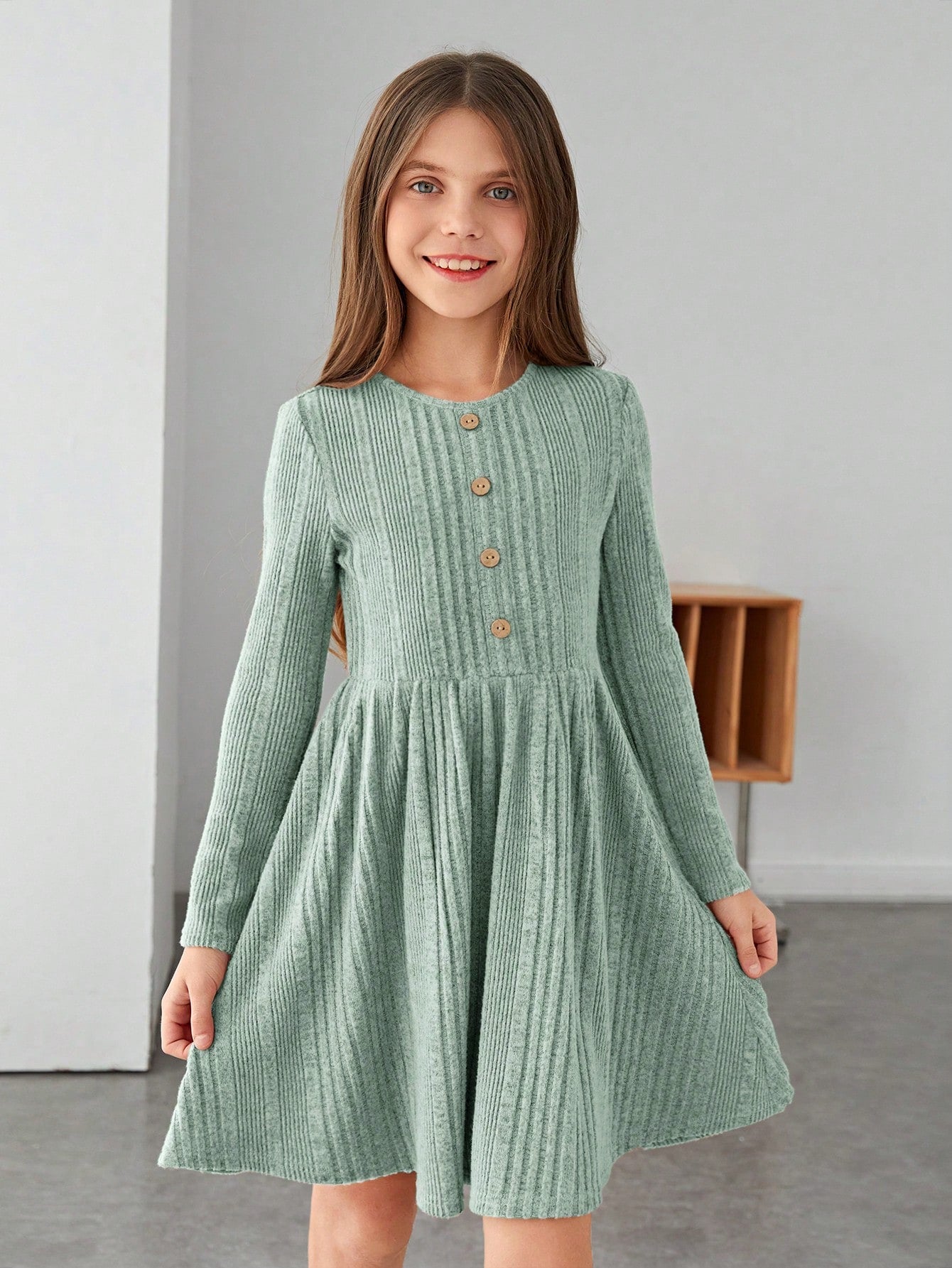 Tween Girl Button Front Ribbed Knit A-line Dress