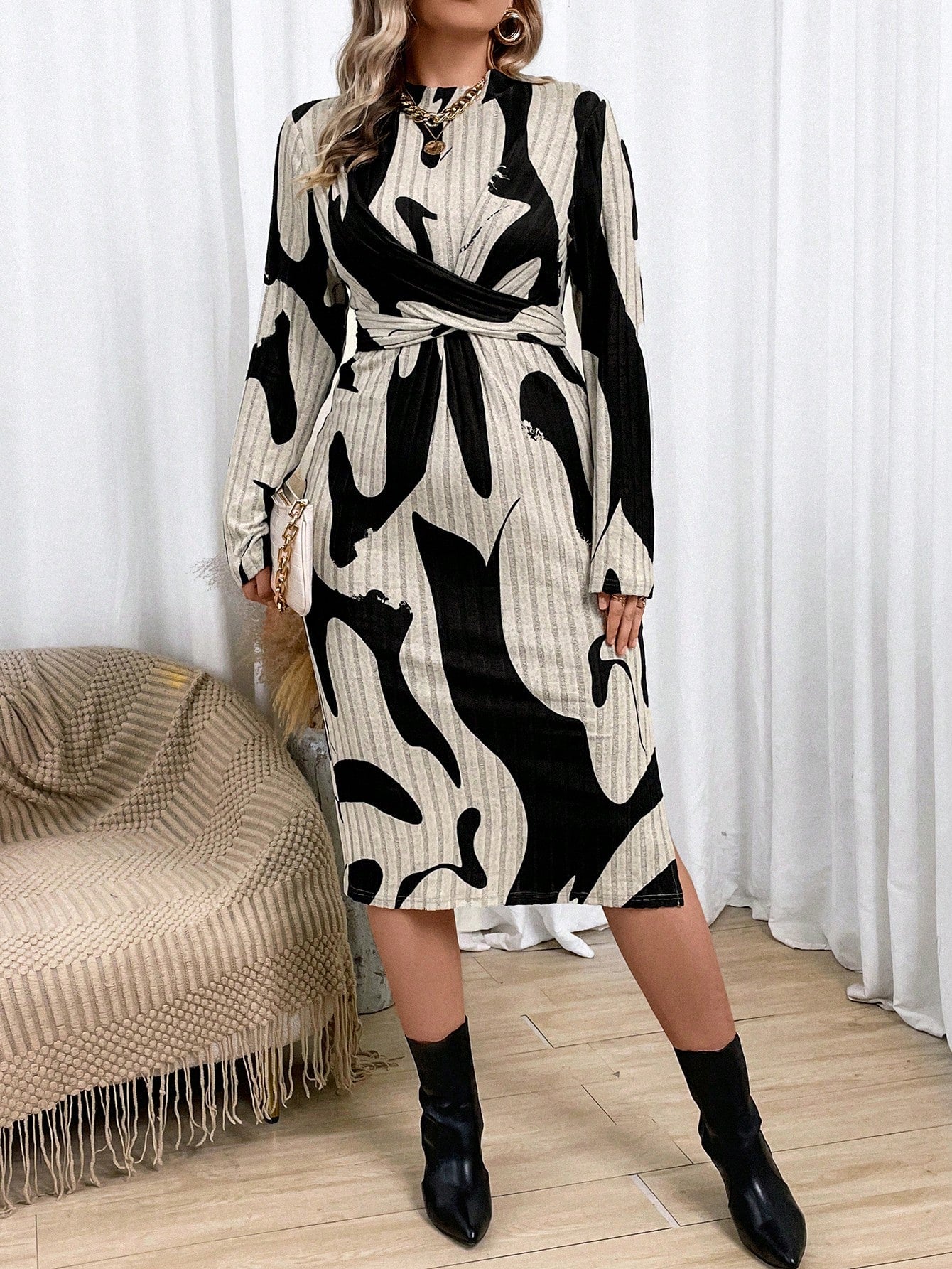 Plus Allover Print Belted Dress