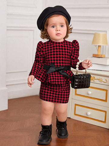 Baby Girl Houndstooth Print Puff Sleeve Belted Dress