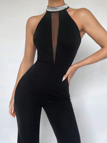 Contrast Mesh Halter Neck Flare Leg Jumpsuit