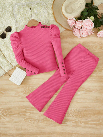 Young Girl Mock Neck Gigot Sleeve Tee & Flare Leg Pants