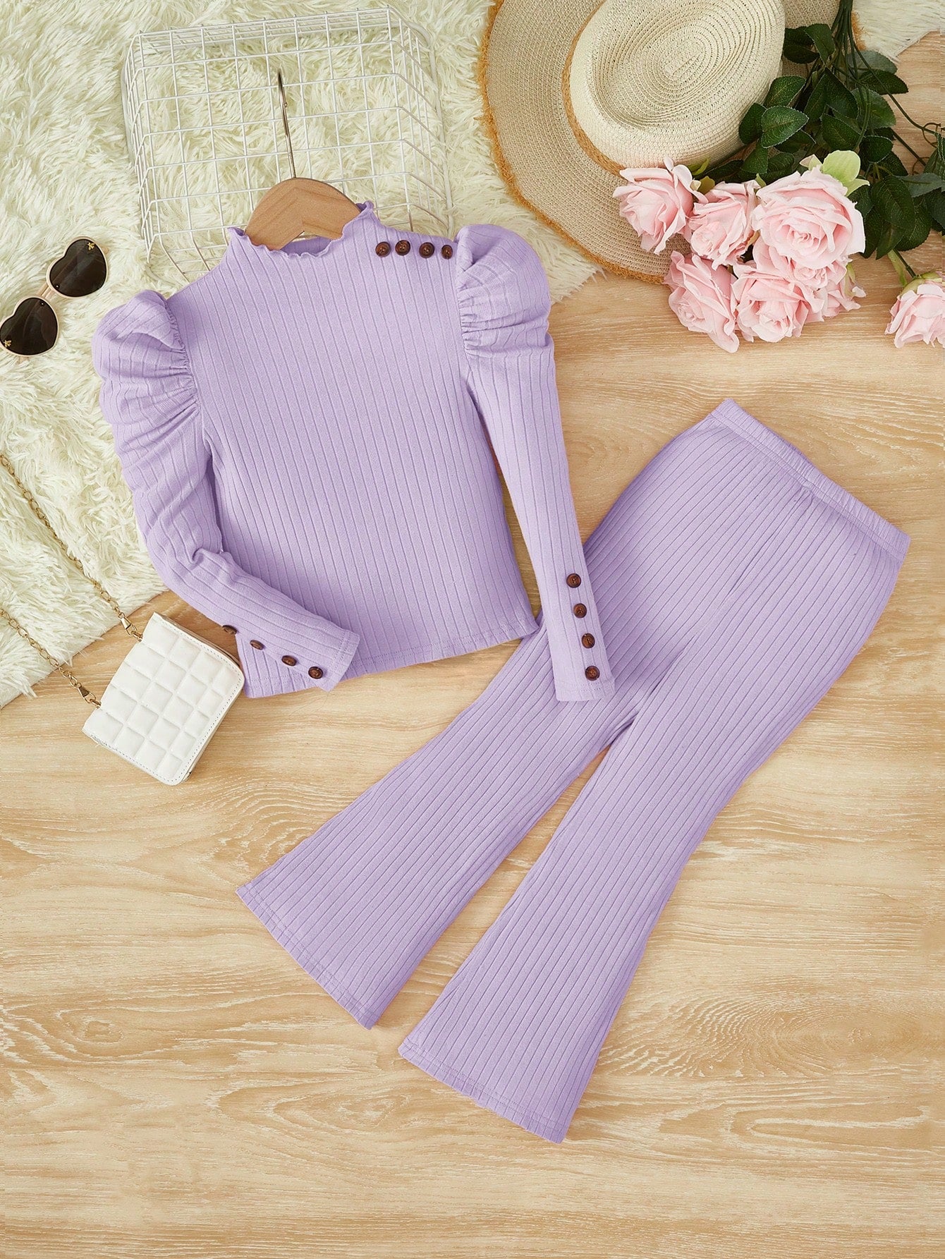 Young Girl Mock Neck Gigot Sleeve Tee & Flare Leg Pants