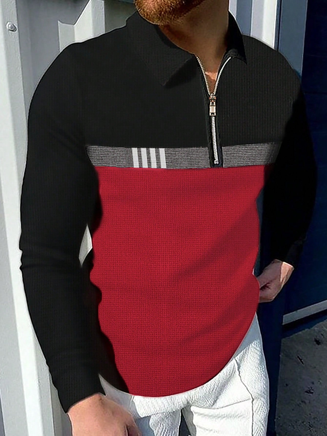 Men Color Block Quarter Zip Polo Shirt