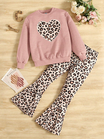 Tween Girl Leopard Print Waffle Knit Pullover & Flare Leg Pants