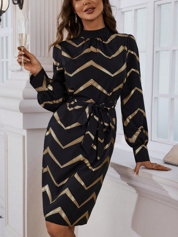 Chevron Print Mock Neck Belted Dress