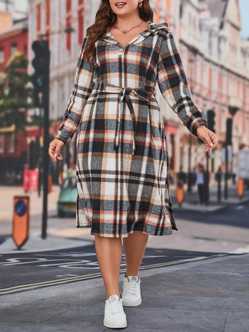 Plus Plaid Print Belted Dress