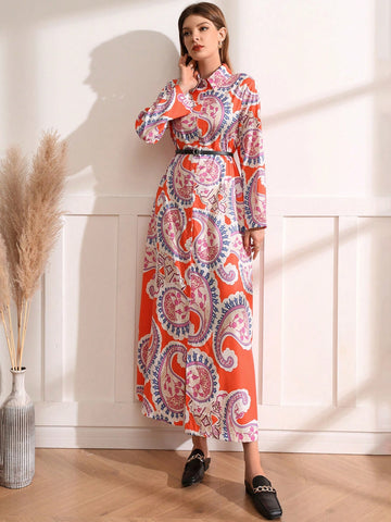 Paisley Pattern Button Front Dress Without Waistbelt