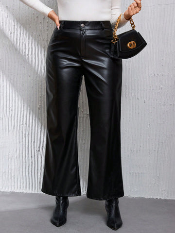 Plus PU Black Leather Flare Leg Spring  Long Pants